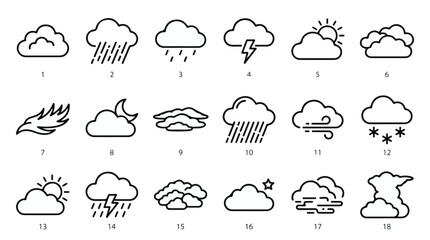 Obraz premium Weather and Cloud Forecast Line Art Icon Set 