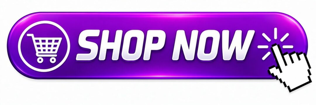 Bright purple shopping now button with shopping cart icon and click effect