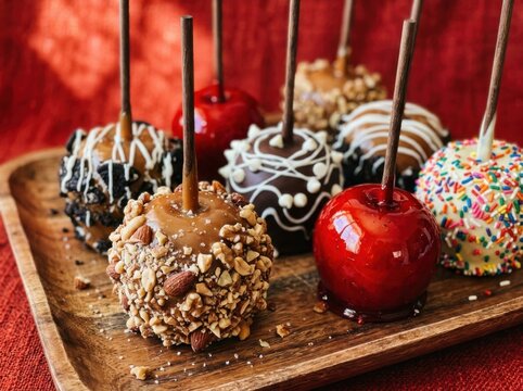 Assorted gourmet candy apples with caramel, chocolate, nuts, and sprinkles on a wooden tray
