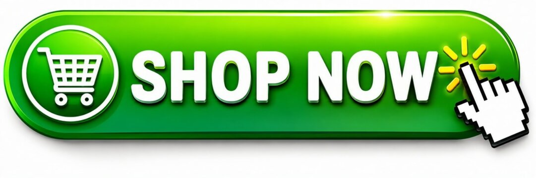 Green shopping now button with shopping cart and mouse click icon