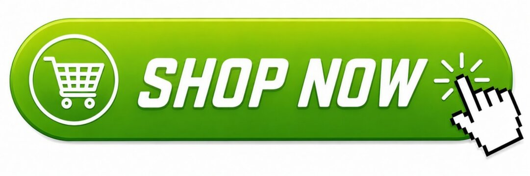 Bright green shop now button with shopping cart icon and finger tap click effect