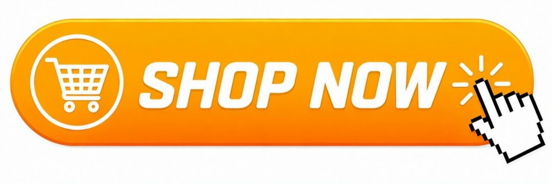 Bright orange shop now button with shopping cart icon and click action