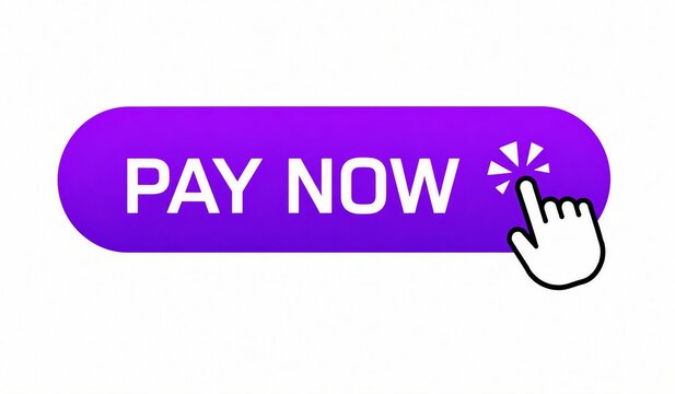 Purple pay now button with click animation and hand pointer