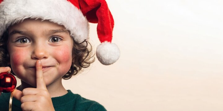 Cute child in Santa hat showing shh secret gesture while holding red Christmas ornament
