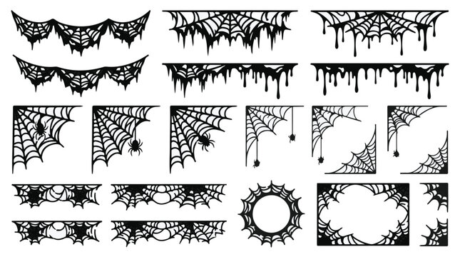 Spooky spider web borders and corner frames, black cobweb decorative elements set, gothic halloween vector illustrations isolated PNG with Transparent Background Halloween Editable EPS