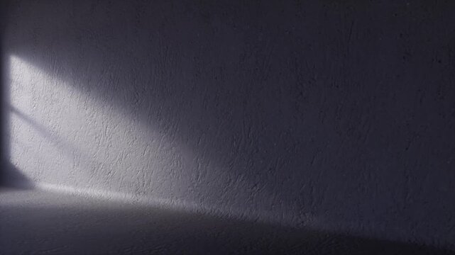 Light moves across a blank wall in a concrete room as the sun rises through the window creating soft shadows, copy space, background