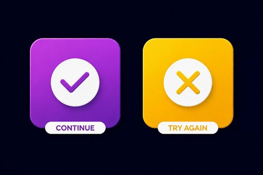 Continue and try again colorful flat action buttons with checkmark and cross icons