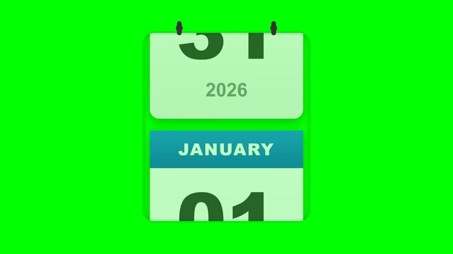 Animated Calendar Transition Flipping from December 31 2026 to January 1 2027 on Green Screen