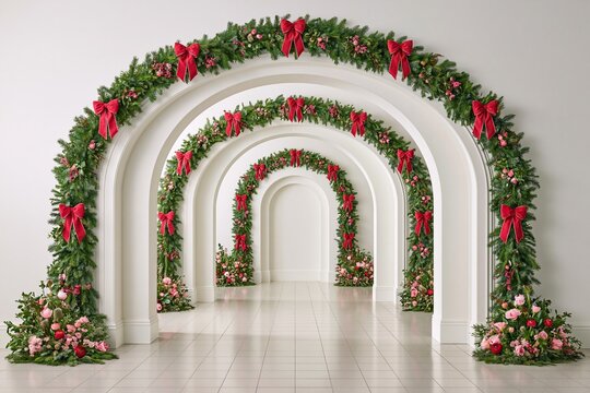Series of repeating white archways decorated with green Christmas garlands large red bows and fresh pink flowers creating elegant festive holiday tunnel for celebration