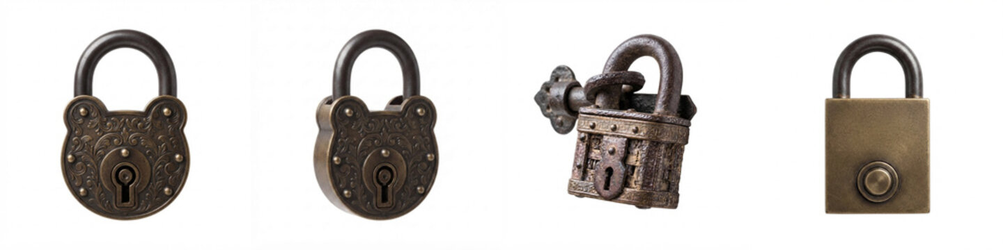 Vintage padlock collection isolated on white background, featuring antique brass and weathered metal locks with keyholes for security, privacy, hardware, and safety concepts