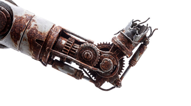 Rusty mechanical robot arm with exposed gears with robotic limb weathered on transparent background