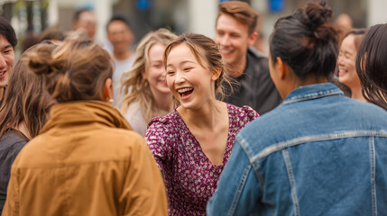 Obraz premium Smiling group of young adults watching dance in outdoor crowd, joyful social gathering with diverse people and lively communal event