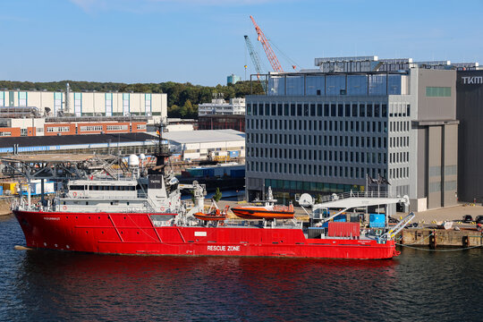 Kiel, Germany - 12. August 2026: Specialized ship Nodamar docked in industrial harbor