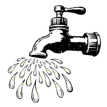 Vintage black water tap with flowing droplets. Classic faucet illustration with splashing water. Detailed plumbing fixture graphic. Old style metal valve icon in sketch style.