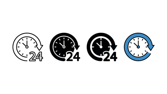 Set of four twentyfour hour clock service icons with circular arrows