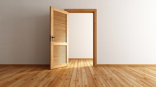 Open natural light wooden louvered door leading to empty room with white wall and light wooden plank floor representing new opportunity and entry concept