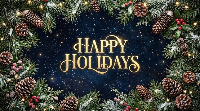 Happy holidays greeting card design with pine branches and cones on a dark black background
