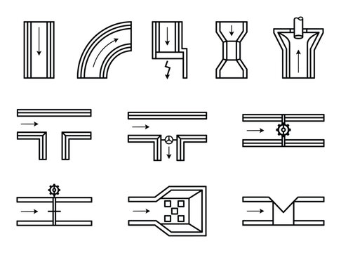 Agricultural irrigation canal elements, fluid flow line icons set