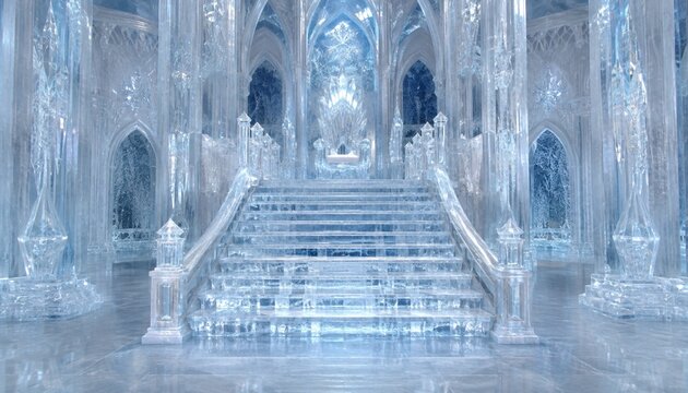 Crystal ice staircase leading to frozen throne in fantasy palace