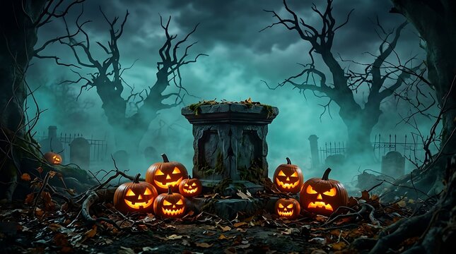 Group of scary glowing jack o lantern pumpkins in front of an old tombstone in a dark forest