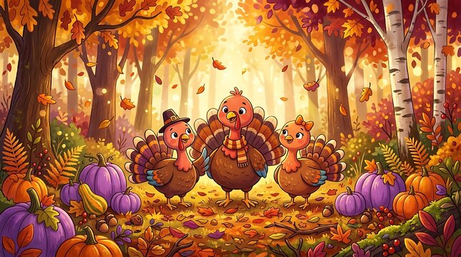 Three cute cartoon turkeys standing in a colorful autumn forest with pumpkins for thanksgiving