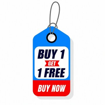 Buy one get one free promotional tag with buy now button on blue background