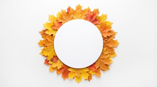 A circular frame made of vibrant autumn maple leaves surrounding a blank white center space perfect for seasonal messages or holiday invitations