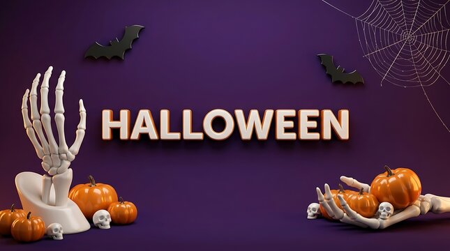 3d halloween background with skeleton hands, pumpkins, bats, and spider web on purple surface