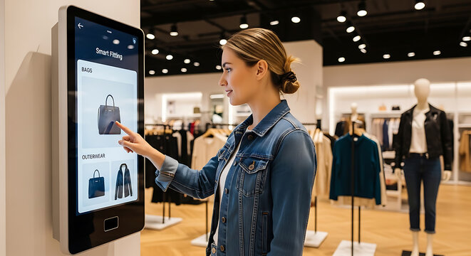 Young woman using smart clothing store touchscreen kiosk for digital fitting and shopping