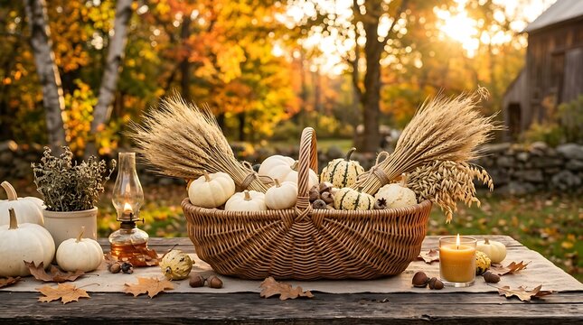 Wicker basket full of pumpkins and wheat stalks on a rustic wooden table in a sunny garden