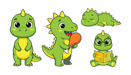 Fototapeta premium Cute Green Baby Dinosaur Vector Character Set Doing Activities Eating Chicken Sleeping and Reading Book with Glasses for Children Nursery Illustration Designs