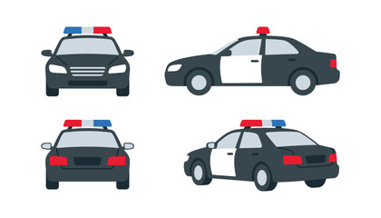 Police Car Vector Illustration Set Showing Cop Cruiser from Front Side Back and Perspective Views with Emergency Light Bar Siren for Security Graphic Designs © yesmin