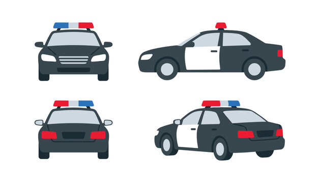 Police Car Vector Illustration Set Showing Cop Cruiser from Front Side Back and Perspective Views with Emergency Light Bar Siren for Security Graphic Designs