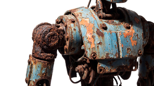 Rusty old robot torso with peeling blue paint with torso significant rust on transparent background