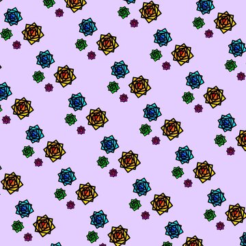 Abstract repeating pattern of colorful geometric rosette shapes in blue, orange, green, and pink on a soft lavender background.
