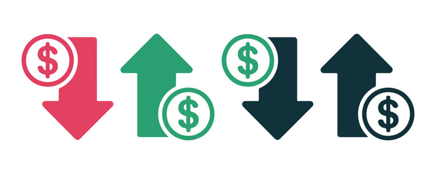 Red green and dark grey financial arrow icons with dollar coin symbols showing market ups and downs.