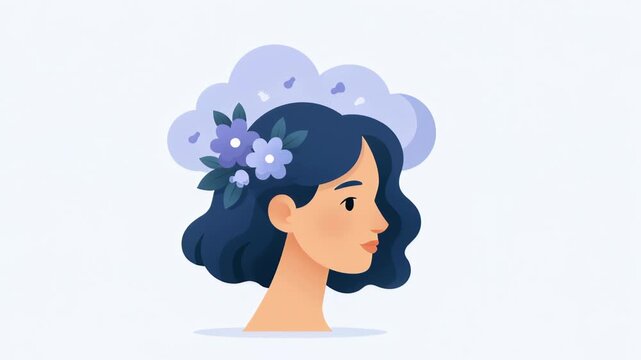 Illustrated woman's profile with dark hair and flowers, representing mental clarity and emotional release, with thoughts depicted as clouds and flowers floating away on a clean white background