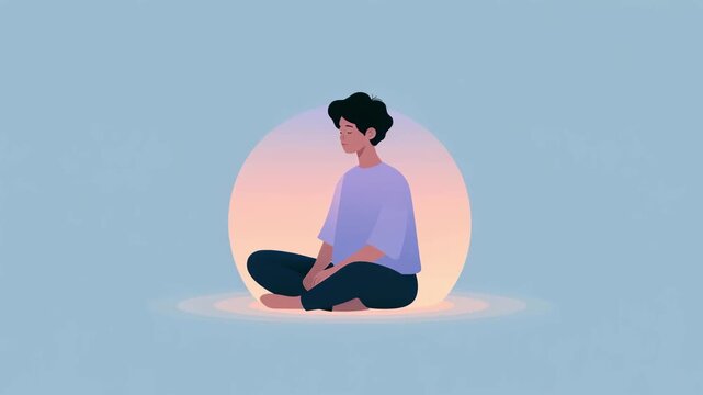 Minimalist animation showing a man sitting in a lotus pose, practicing mindful breathing and creating a protective energy bubble, representing mental health, peace, and spiritual balance