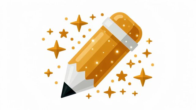 Shiny golden pencil icon spinning on a clean white background, surrounded by glittering stars and particles, symbolizing creativity, education, and the magic of writing and drawing ideas