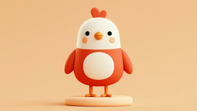 Adorable 3d claymation rooster character performing a funny and cheerful dance on a platform against a seamless pastel background. Stop motion animation showcasing a joyful and energetic little bird