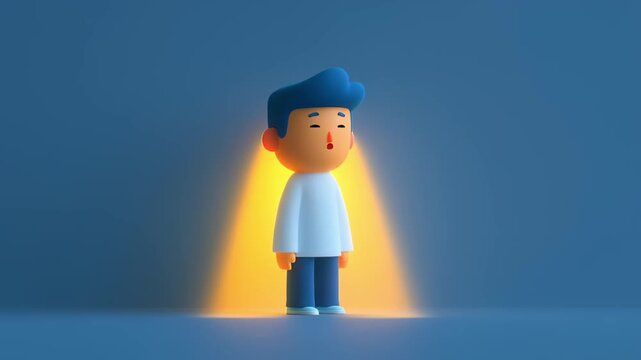 Three dimensional cartoon character with blue hair standing under a warm spotlight, nodding his head in agreement and smiling while looking around in a simple, clean, animated environment