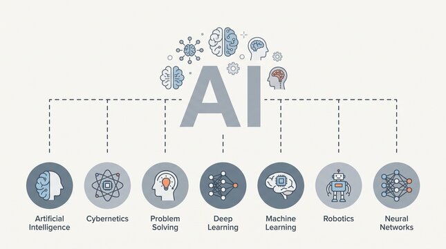Artificial Intelligence Infographic Displaying Deep Learning, Neural Networks, and Machine Learning Concepts