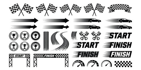 Obraz premium Set of black and white racing icons featuring checkered flags speed lines and start finish line graphics