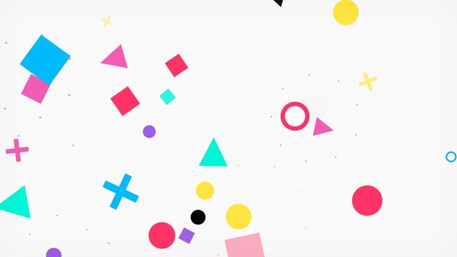 Vibrant Memphis style geometric shapes floating across a white background, concept for motion graphics, video transitions and digital advertising