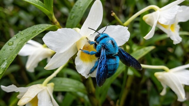 Vibrant Blue Carpenter Bee Pollinating a Wild White Jungle Orchid