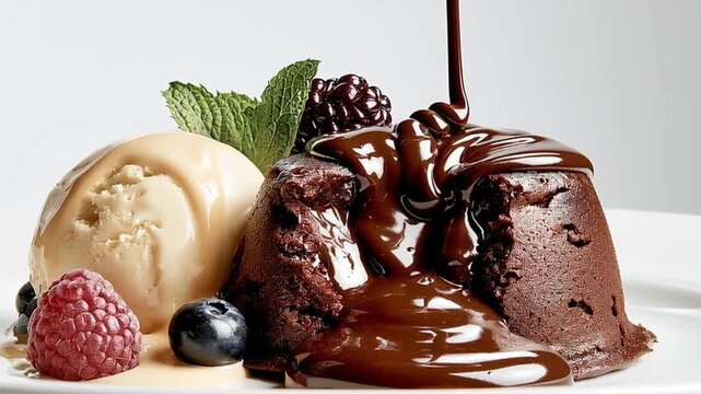 Delicious Chocolate Lava Cake With Creamy Ice Cream And Fresh Berries On Plate