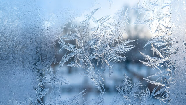 Intricate Frost Patterns on Window Glass Winter Season Cold Weather Texture
