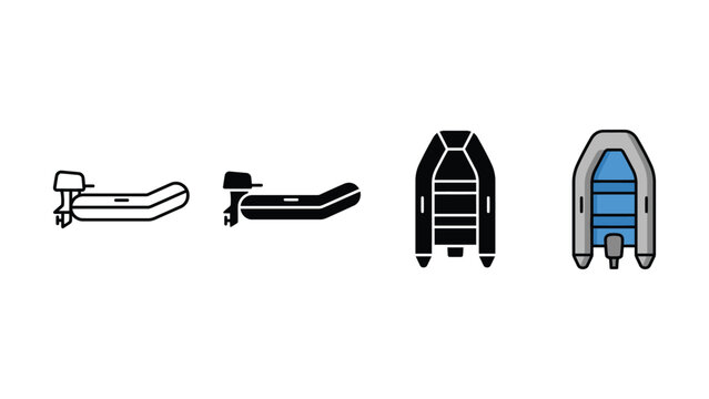 Set of inflatable boat icons with outboard motor in different styles