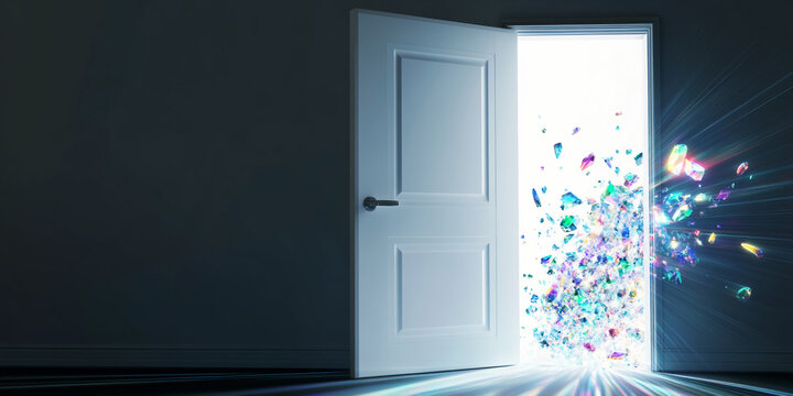 Open white door with light and colors in dark space Generative AI