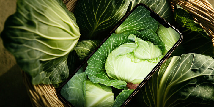 Smartphone shows close-up image of cabbage in basket Generative AI